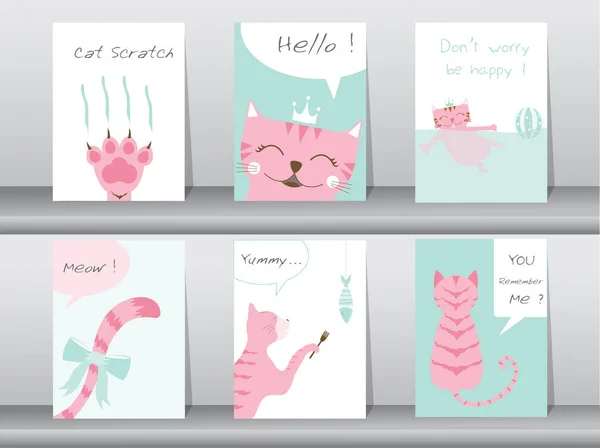 Σύνολο των χαριτωμένα ζώα αφίσα, κάρτες, γάτες, πρότυπο, εικονογραφήσεις φορέα — Διανυσματικό Αρχείο