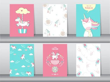 Dizi şirin fantezi poster, şablon, kartları, tek boynuzlu at, hayvanlar, vektör çizimler 