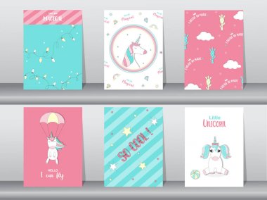 Dizi şirin fantezi poster, şablon, kartları, tek boynuzlu at, hayvanlar, vektör çizimler 