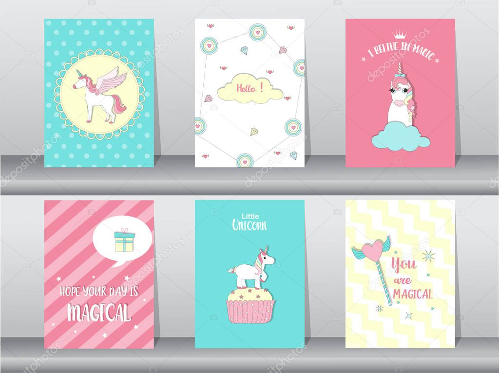 Set of cute fantasy poster,template,cards,unicorn,animals,Vector illustrations 