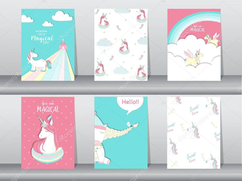 Set of cute fantasy poster,template,cards,unicorn,animals,Vector illustrations 