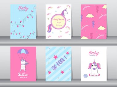 Dizi baby shower davetiye, doğum günü kartları, poster, şablon, tebrik, kartları, sevimli, fantezi, tek boynuzlu at, hayvan, vektör çizimler