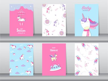 Dizi baby shower davetiye, doğum günü kartları, poster, şablon, tebrik, kartları, sevimli, fantezi, tek boynuzlu at, hayvan, vektör çizimler