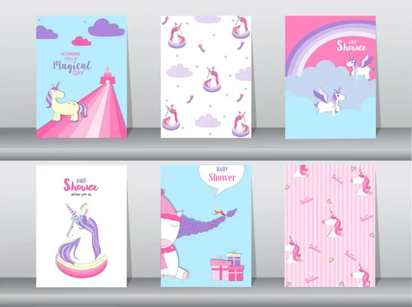 Set di biglietti di invito baby shower, biglietti di compleanno, poster, modello, auguri, biglietti, carino, fantasia, unicorno, animale, Illustrazioni vettoriali — Vettoriale Stock