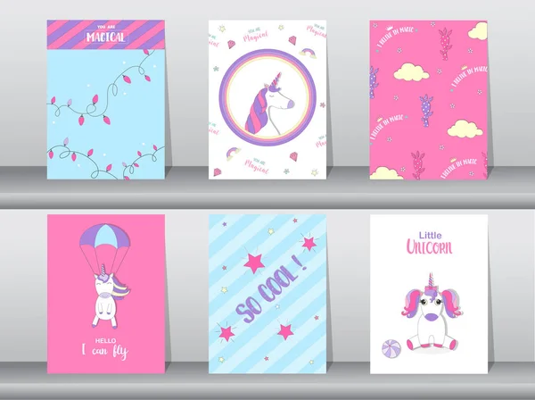 Set di poster fantasia carino, modello, carte, unicorno, animali, Illustrazioni vettoriali — Vettoriale Stock
