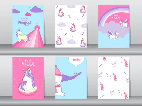 一套可爱的梦幻海报, 模板, 卡片, 独角兽, 动物, 矢量插图 — 图库矢量图片