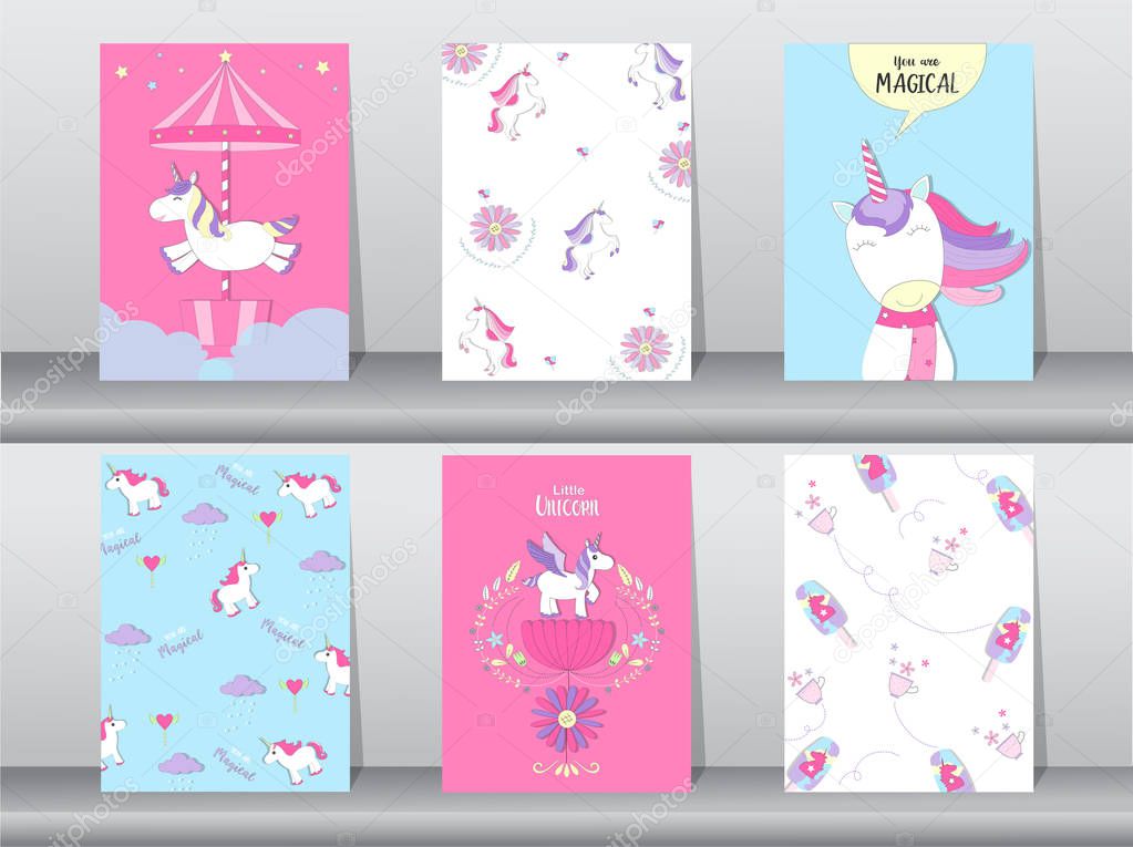 Set of cute fantasy poster,template,cards, unicorn,animals, Vector illustrations 
