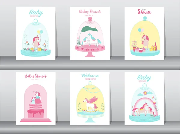Csoportja Születésnapi Kártyák Plakát Meghívók Kártyák Sablon Üdvözlőlapok Állatok Fantasy — Stock Vector