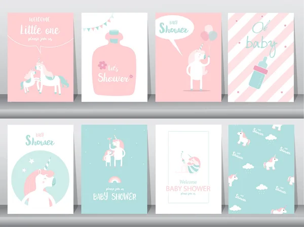 Conjunto de bebê chuveiro convites cartões, cartaz, saudação, modelo, animais, unicórnio, fantasia, aniversário, feliz, magia, Ilustrações vetoriais . — Vetor de Stock