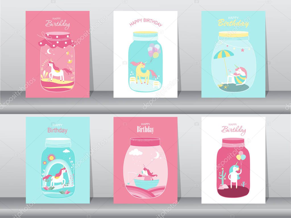 Set of birthday cards,poster,invitations, cards,template,greeting cards,animals,fantasy,magica ,Cute funny cartoon unicorn in a glass jar, Magical,Isolated,objects,greeting card.Vector illustrations.
