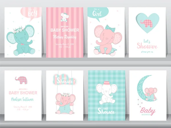 Aantal baby shower uitnodigingen kaarten verjaardagskaart, olifanten, poster, groet, sjabloon, dieren, vectorillustraties — Stockvector