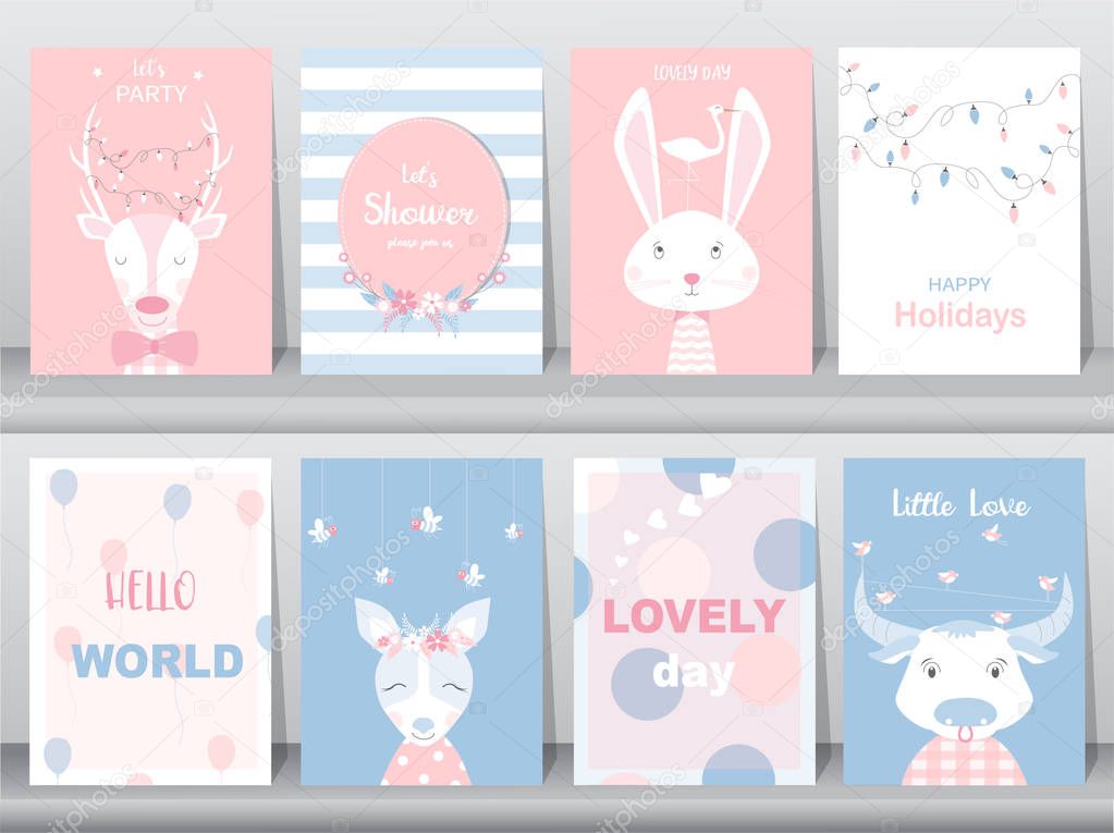 Set of cute animals poster,greeting cards, podters,template,cards,reindeers,rabbits,Vector illustrations 