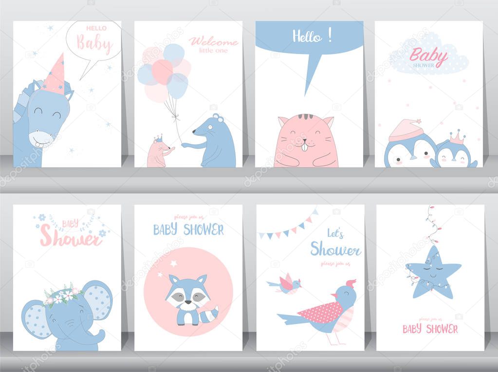 Set of baby shower invitation cards,birthday cards,poster,template,greeting cards,cute,birds,elephants,rats,animal,Vector illustrations