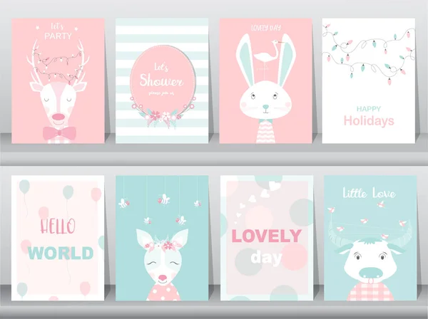 Conjunto Animais Bonitos Cartaz Cartões Saudação Podters Modelo Cartões Renas — Vetor de Stock