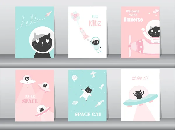 Set di simpatici animali poster, modello, carte, gatti, carino, razzo, spazio, istruzione, astronauta, galassia, stella, zoo, Illustrazioni vettoriali — Vettoriale Stock