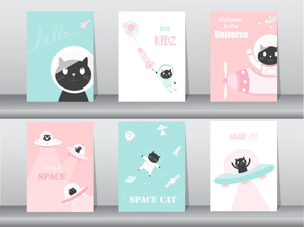 Набор милых животных плакат, шаблон, карты, кошки, мило, ракета, пространство, образование, астронавт, галактика, звезда, зоопарк, векторные иллюстрации

