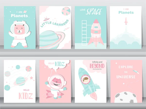 Ensemble d'animaux mignons affiche, modèle, cartes, chats, ours, mignon, fusée, espace, éducation, astronaute, galaxie, étoile, zoo, illustrations vectorielles — Image vectorielle