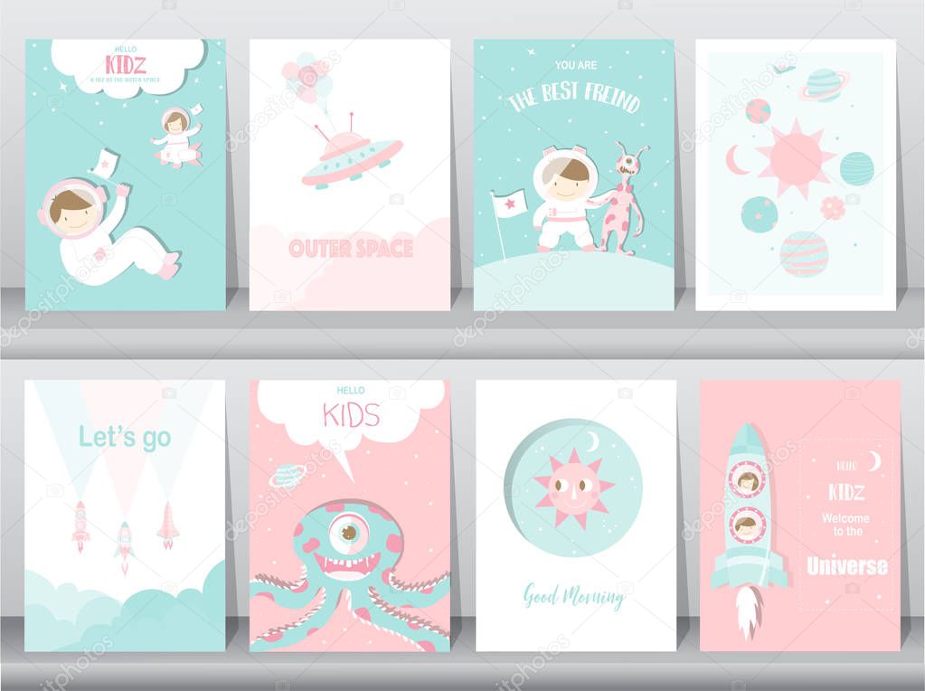 Set of cute space posters,template,cards,cute,rocket,space,education,astronaut,galaxy,star,zoo,Vector illustrations