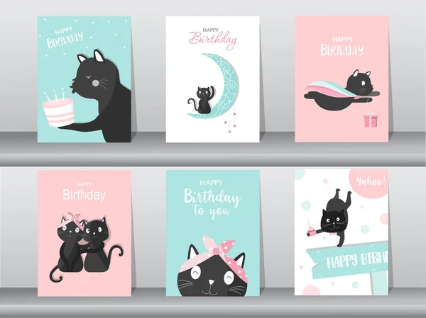 Набор милый кот на день рождения backgrounds.Design для детских открыток, векторные иллюстрации . — стоковый вектор