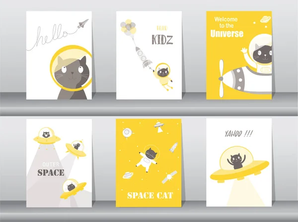 Dizi sevimli hayvanlar poster, şablon, kartları, kedi, şirin, roket, uzay, eğitim, astronot, galaksi, yıldız, Hayvanat Bahçesi, vektör çizimler — Stok Vektör