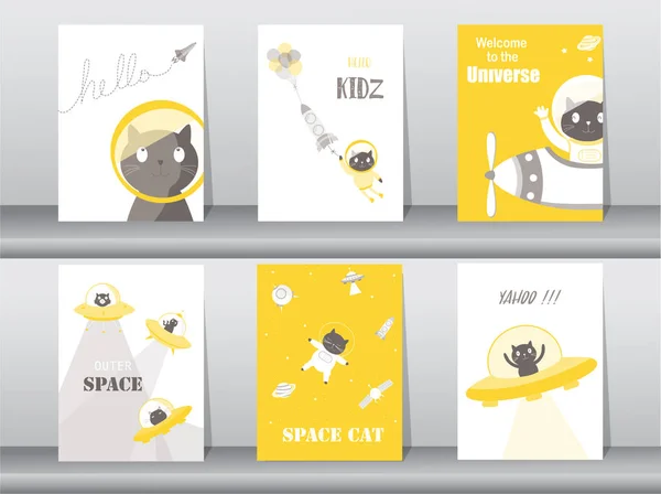 Conjunto de animais bonitos pôster, modelo, cartões, gatos, fofa, foguete, espaço, educação, astronauta, galáxia, estrela, jardim zoológico, Ilustrações vetoriais — Vetor de Stock