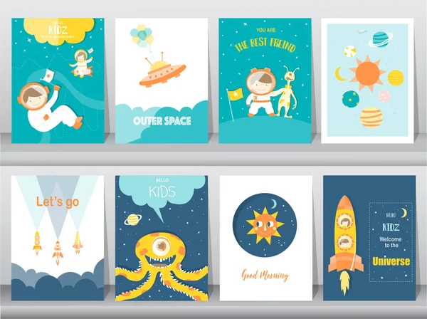 Set di poster spazio carino, modello, carte, carino, razzo, spazio, istruzione, astronauta, galassia, stella, zoo, Illustrazioni vettoriali — Vettoriale Stock