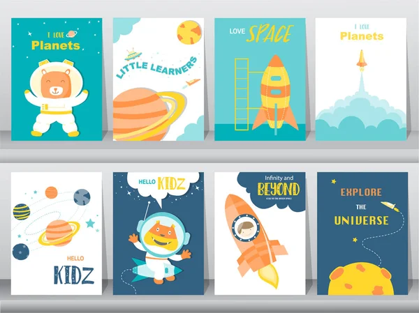 Set van schattige dieren poster, sjabloon, kaarten, katten, beren, schattig, raket, ruimte, onderwijs, astronaut, galaxy, star, dierentuin, vectorillustraties — Stockvector