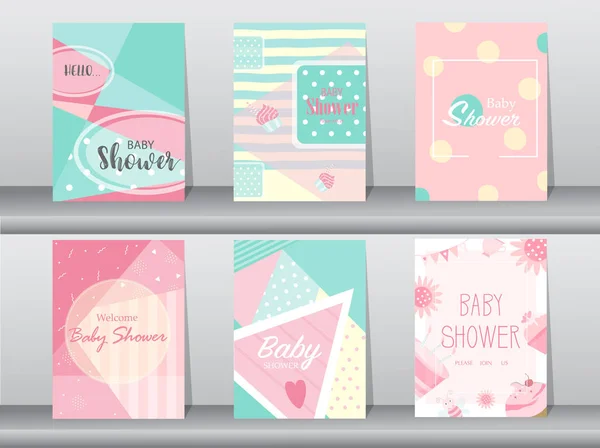 Set di baby shower card su disegno retrò, vintage, poster, modello, saluto, illustrazioni vettoriali — Vettoriale Stock
