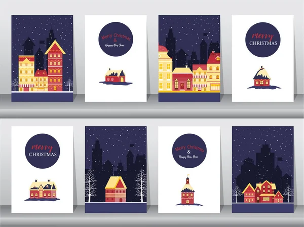 Set von niedlichen frohe Weihnachten Hintergrund mit Weihnachtsstadt bedeckt Schnee, Karten, Vektor-Illustrationen — Stockvektor