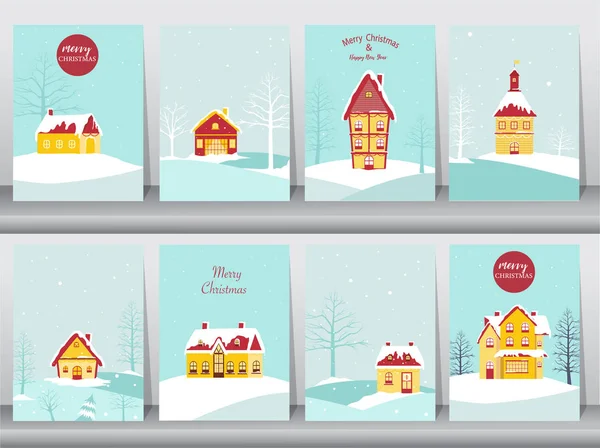 一套可爱的快乐圣诞背景与房子覆盖的雪，卡片，矢量插图 — 图库矢量图片