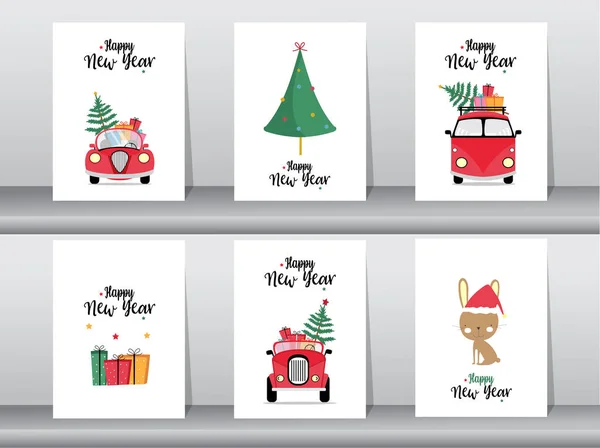 Set di simpatici Buon Natale e Felice Anno Nuovo sfondo, carte, cartone animato, carino, illustrazioni vettoriali — Vettoriale Stock