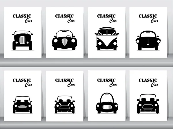 Conjunto de silueta clásico coche vista frontal icono vector ilustraciones, vendimia, viejo — Vector de stock