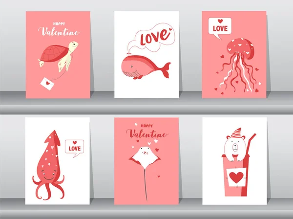 Набор открыток ко Дню Святого Валентина, любовь, животное, милый вектор, животное, векторные иллюстрации — стоковый вектор