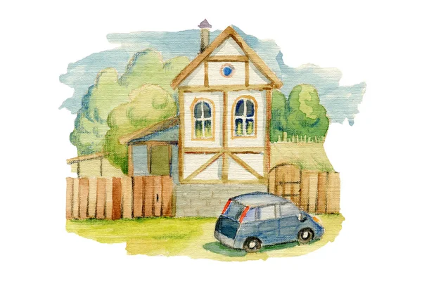 Маленький дом в деревне и автомобиль — стоковое фото