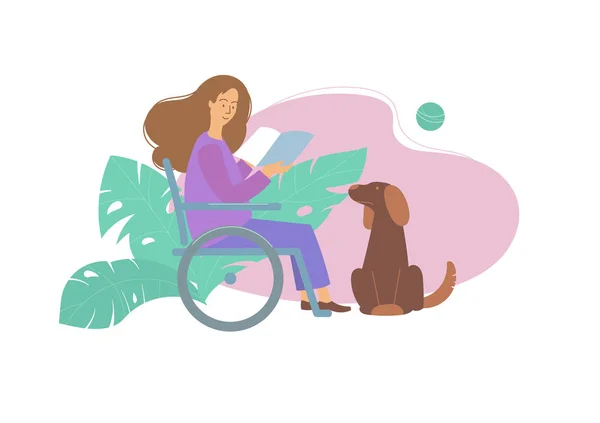 Γυναίκα που κάθεται σε αναπηρική καρέκλα. Κρατάει ένα βιβλίο. Κοντά στα πόδια του κάθεται ένα σκυλί. — Διανυσματικό Αρχείο
