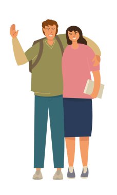 A guy and a girl are students, facing the audience. The guy waves his hand in greeting. Girl holding a book.