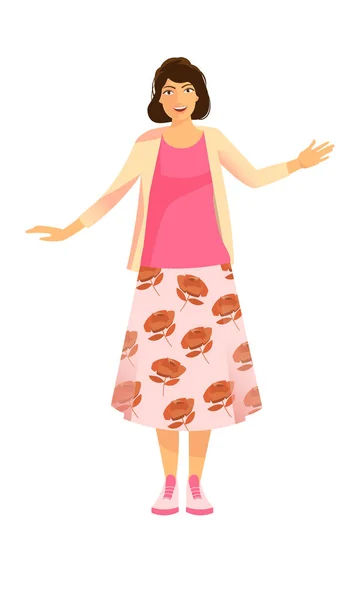 A young woman in a skirt with red roses. Standing at full height. — Stock Vector