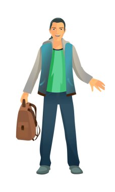 A guy in full growth. Hes wearing a warm vest. He holds a backpack in his hand.