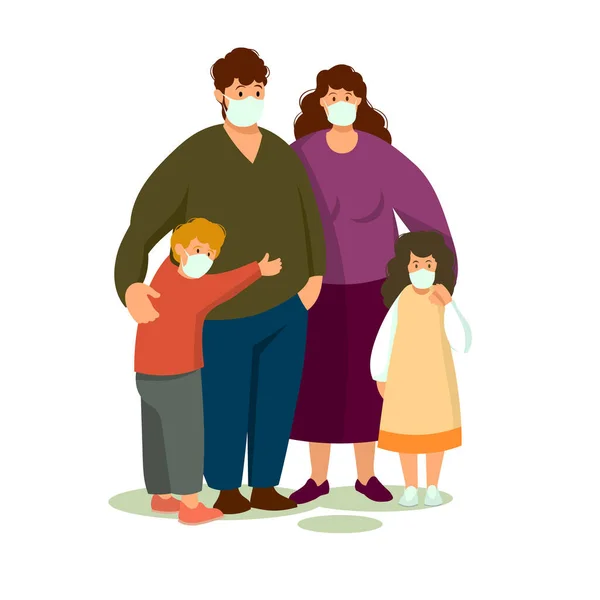 Eine alarmierte Familie trägt eine medizinische Schutzmaske, um das Vuhan Cavid-19-Virus zu schützen . — Stockvektor