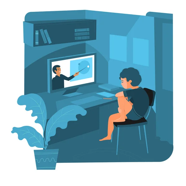 El chico está sentado en casa viendo una videolección. Está estudiando remotamente. — Archivo Imágenes Vectoriales