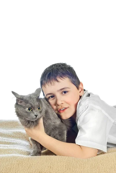 Menino com um gato em um fundo branco12 — Fotografia de Stock