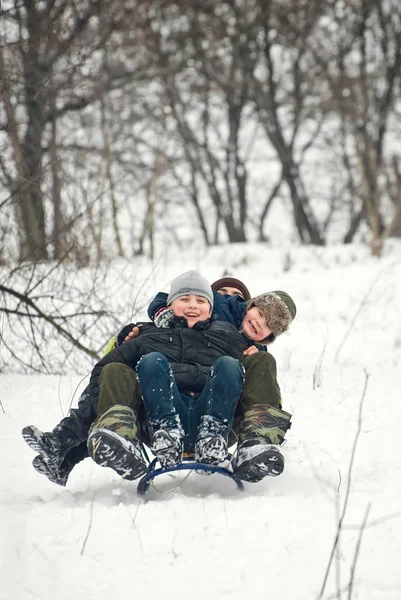 Barn släde på vintern i frisk luft — Stockfoto
