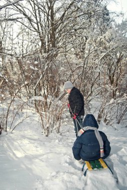 iki erkek kızakta kışın sürme