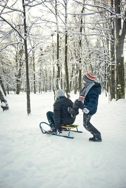 Iki erkek kızakta kışın sürme — Stok fotoğraf