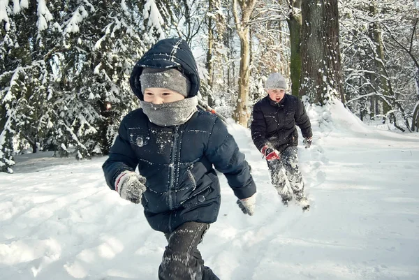 I ragazzi stanno giocando nella neve in inverno — Foto Stock