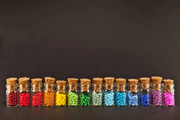 Red Yellow Blue Green Purple Pink Orange Beads Glass Jars — ストック写真