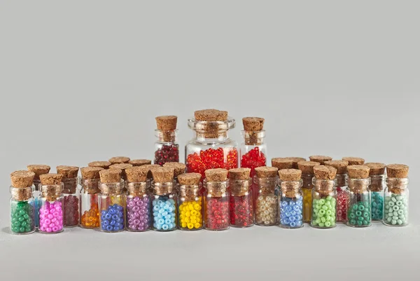 Red Yellow Blue Green Purple Pink Orange Beads Glass Jars — ストック写真