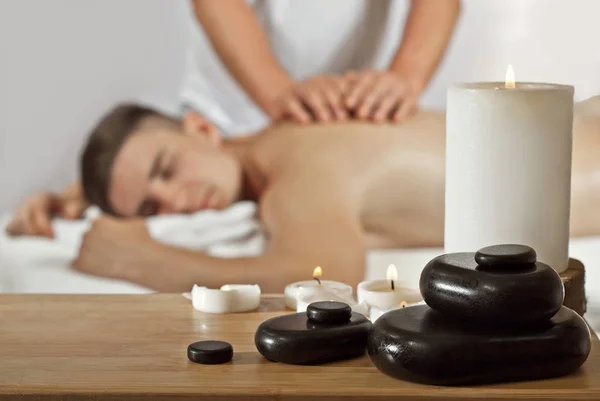 Naked Man Covered Towel Waiting Massage Guy Lies Table White — Stock Photo, Image