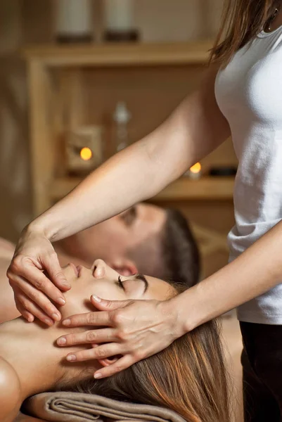 Girl Doing Facial Massage Hands Masseur Closeup Nude Brunette Covered — Stock Photo, Image