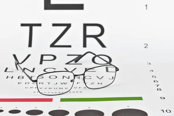 Gafas Sobre Fondo Blanco Fondo Con Letras Para Prueba Visión — Foto de Stock